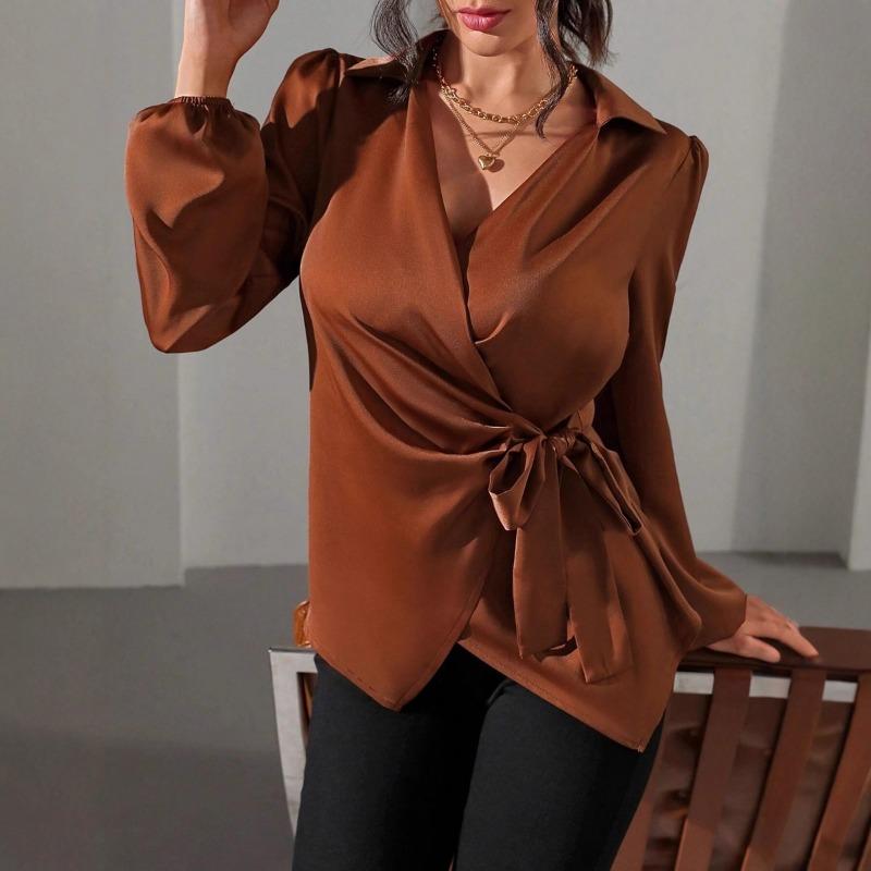 Spring and Winter Lace Up Waist Cinching Shirt New Long Sleeved Women Blouse Shirt with Tie Up Waist Fashion Tops Casual V Neck Clothing