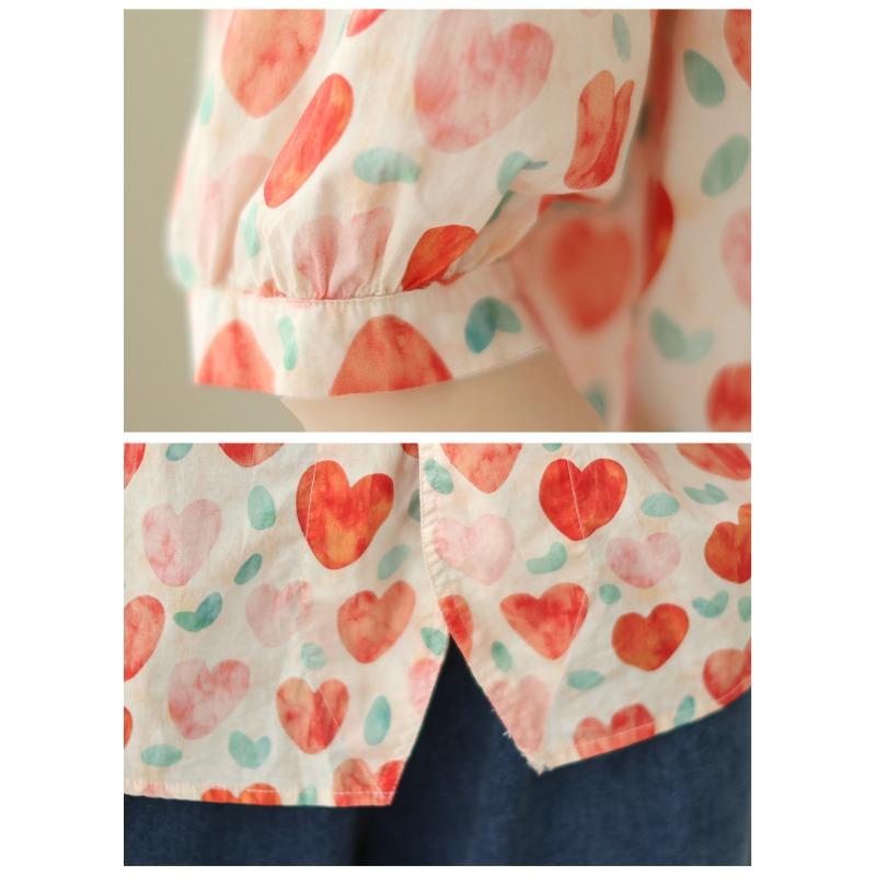 Summer Blouses Korean Commuter Arc Hemp Sweet Painted Love Short Sleeved Shirts Women's Clothing & AccessoriesTops