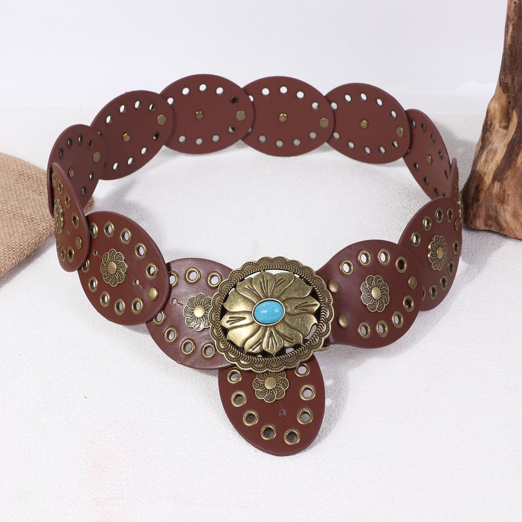Vintage Women's Western Denim Belt Hollow Wide Round Cutout Waistband Round Belts