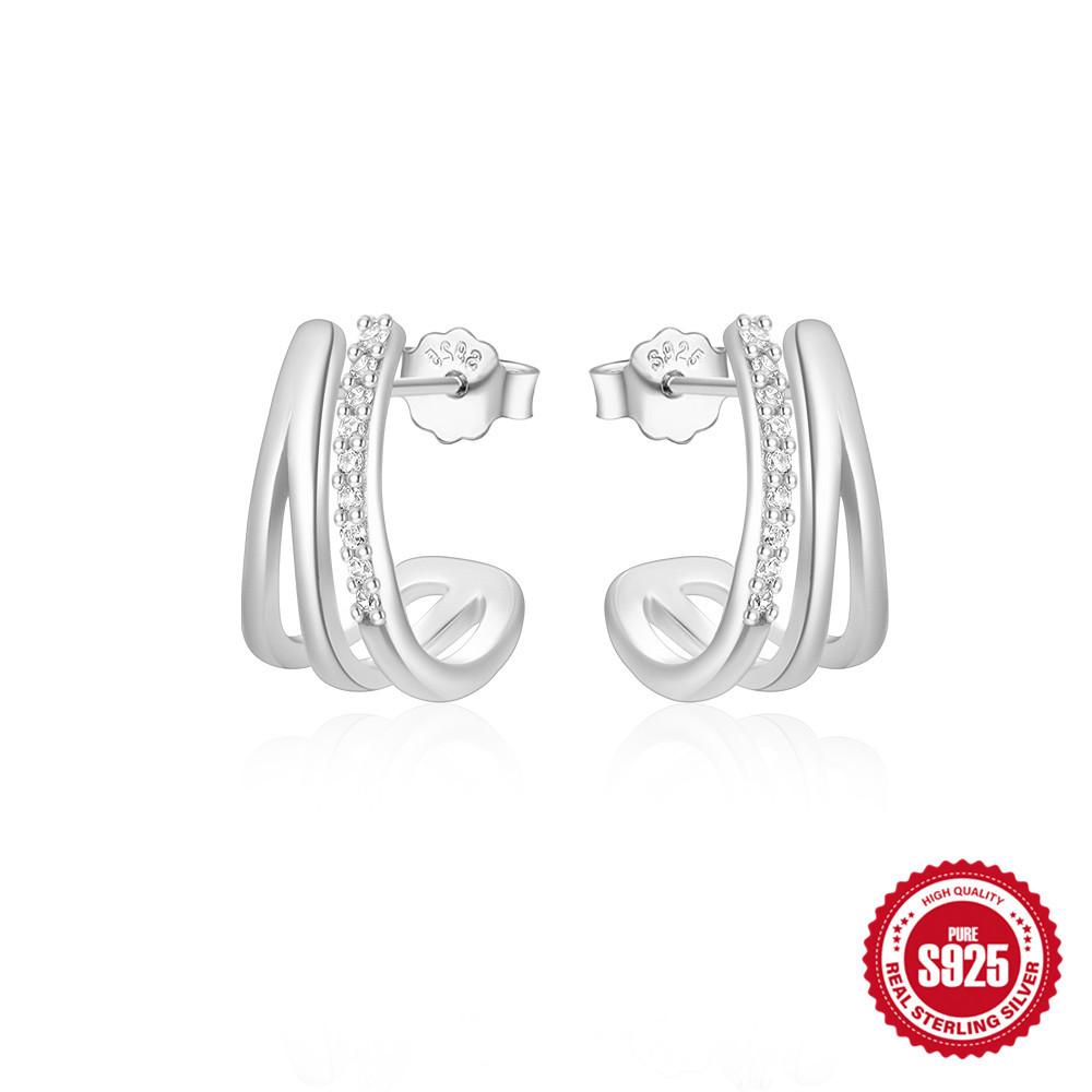 Trendy Fashion S925 Sterling Silver Geometric Elements Three-Claw Diamond Versatile Earrings Ear Hook Earrings