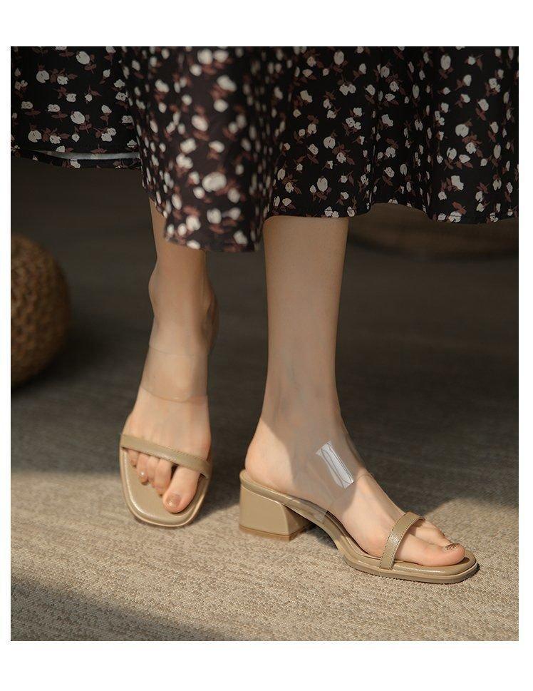 Summer new transparent belt one-word outer wear medium heel sandals thick heel large size slippers 40 3400₽
