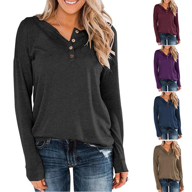 Women Solid Knit Long Sleeve Henley T Shirt Button V Neck Loose Casual Pullover Tops For Spring