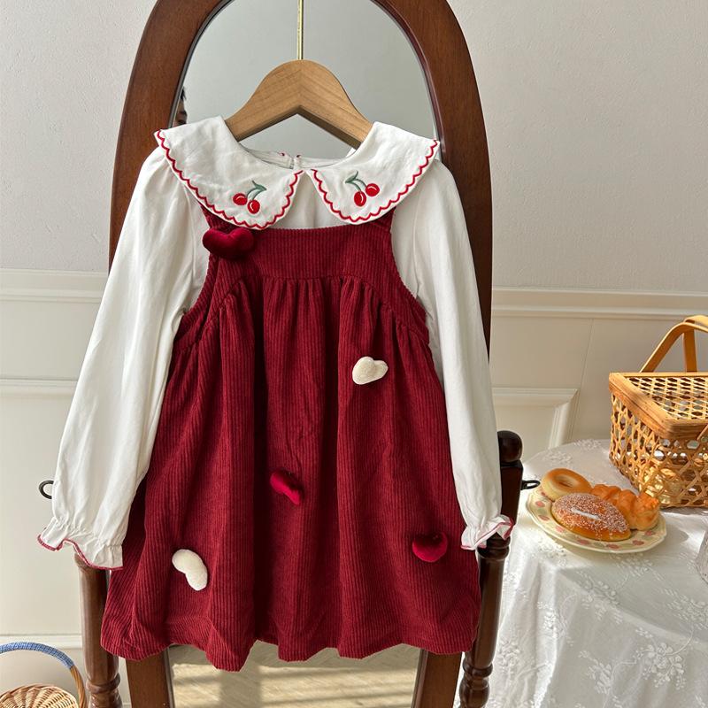 Girls Red Corduroy Fleece Pinafore Dress Autumn Winter Handmade Heart Baby Suspender Skirt Warm Cute Toddler Outfit 90cm