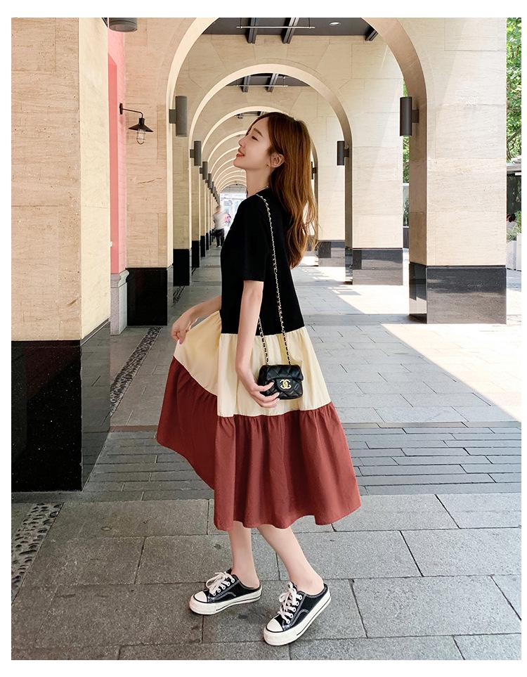 Women's Mid-Length A-line Patchwork Dress, Loose Fit, Short-Sleeved, Over-the-Knee, Summer Style