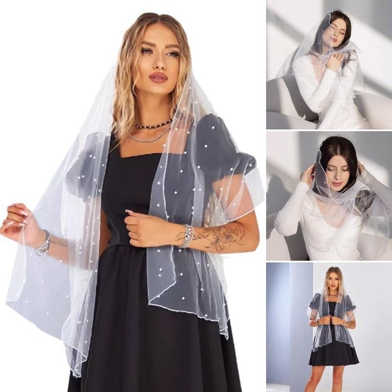 Elegant Pearls Embellished Tulle Scarf for Women Weddings Parties Bridal Mesh Veils Evening Dress Shawl Wraps Capes