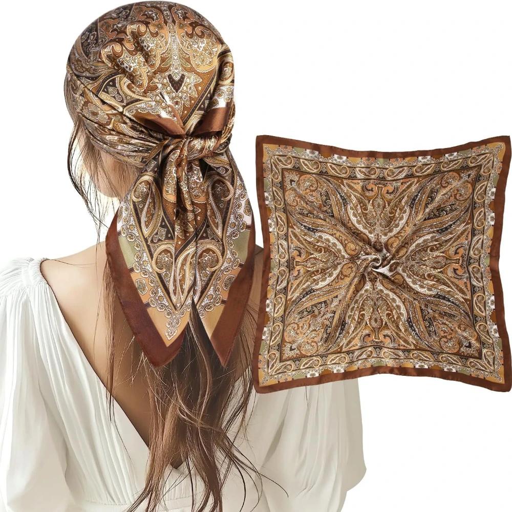 1 Pcs 27.5 Inches Satin Head Scarf Silk Like Hair Scarf Stain Bandana Hair Wrap Neck Scarf For Women(Brown)
