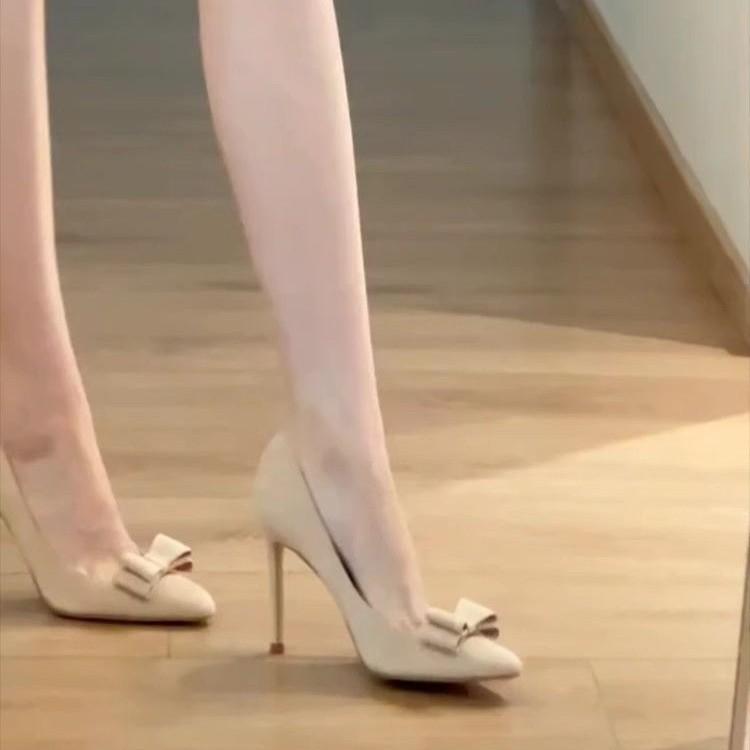 Shallow thin heel bow single shoes wedding beautiful high heels women's butterfly wedding shoes small man