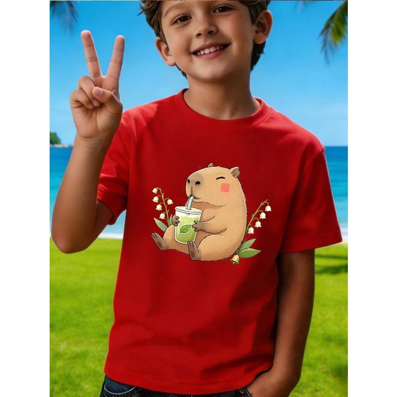 Boys Crewneck Short Sleeve T-Shirt, Campus Style Cute Cartoon Summer Print