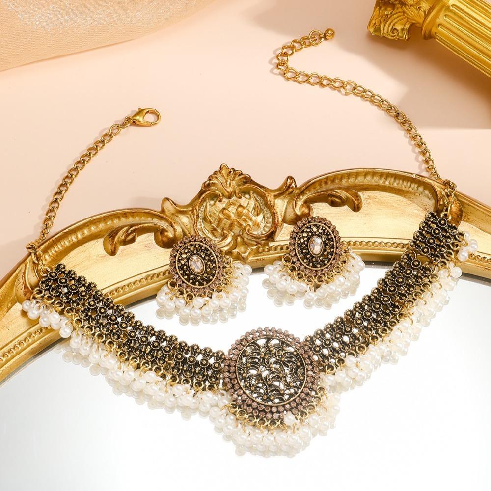 Imitation Pearl Retro Jewelry Set Luxury Choker Necklace Set Rhinestone Necklace Earrings  Wedding