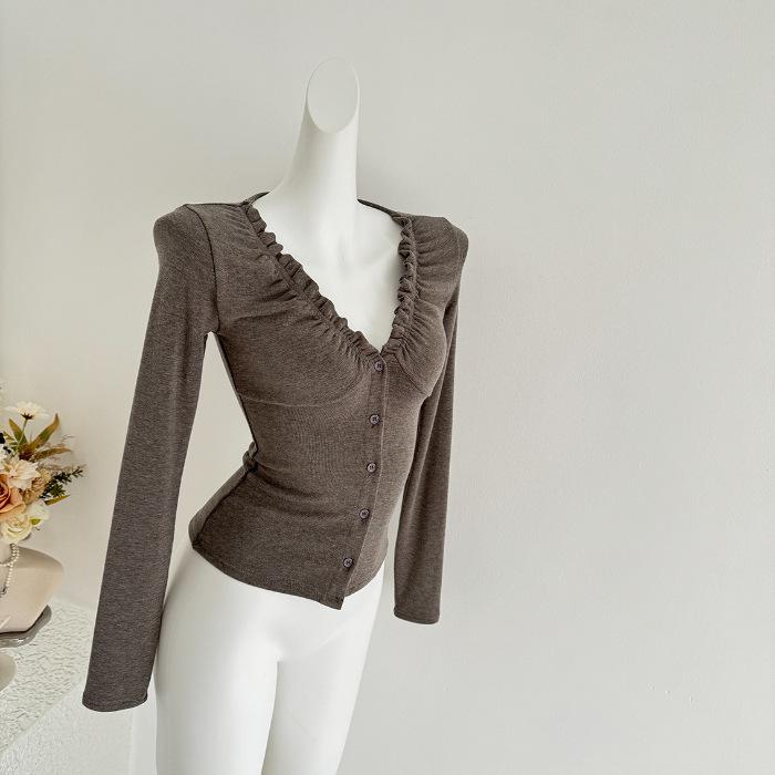 

Chic V-neck Pleated Long Sleeve Solid Color Top for Autumn/Winter M сірий колір