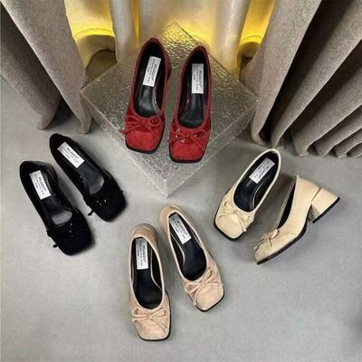 Damenschuhe Rot Eckige Zehenpartie Damen Pumps Blockabsatz mit Schleife Schuh Elegant Kleid im Angebot Schnelle Lieferung Bequem Frühling Y2k
