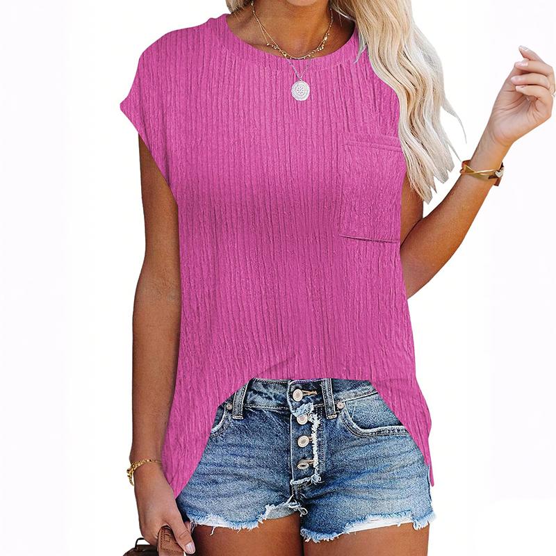 Ladies Summer Short Sleeve O Neck Solid Color Single Pocket Breathable Pullover T Shirt Top