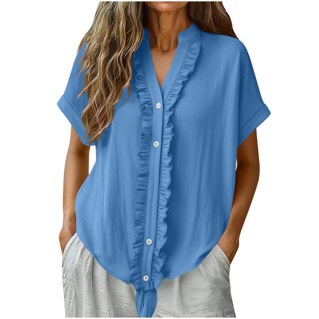 Women's Casual Short-Sleeve Cotton Linen Ruffled Button-Up Shirt