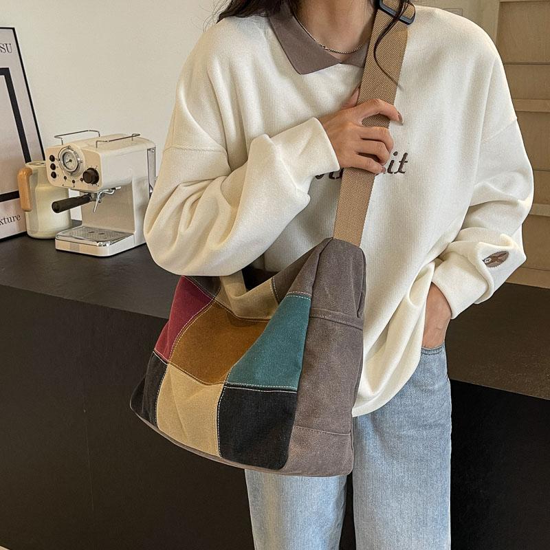 Large Capacity Stitching Contrast Canvas Bag Women's Crossbody Bag Student Class Commuter Bag