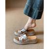 Sheepskin Version~ Genuine Leather Ruth Thick-soled One-word Slippers for Women's Summer Wear Straw-woven Muffin Shoes, High-heeled Cool Slippers