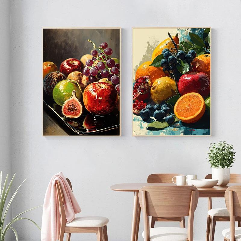 Zátiší Jablko Pomeranč Fík Plakát Hrozny Granátové jablko Ananas Jahoda Plátno Malba Nástěnné Umění Tisk Kuchyně Domácí Dekorace