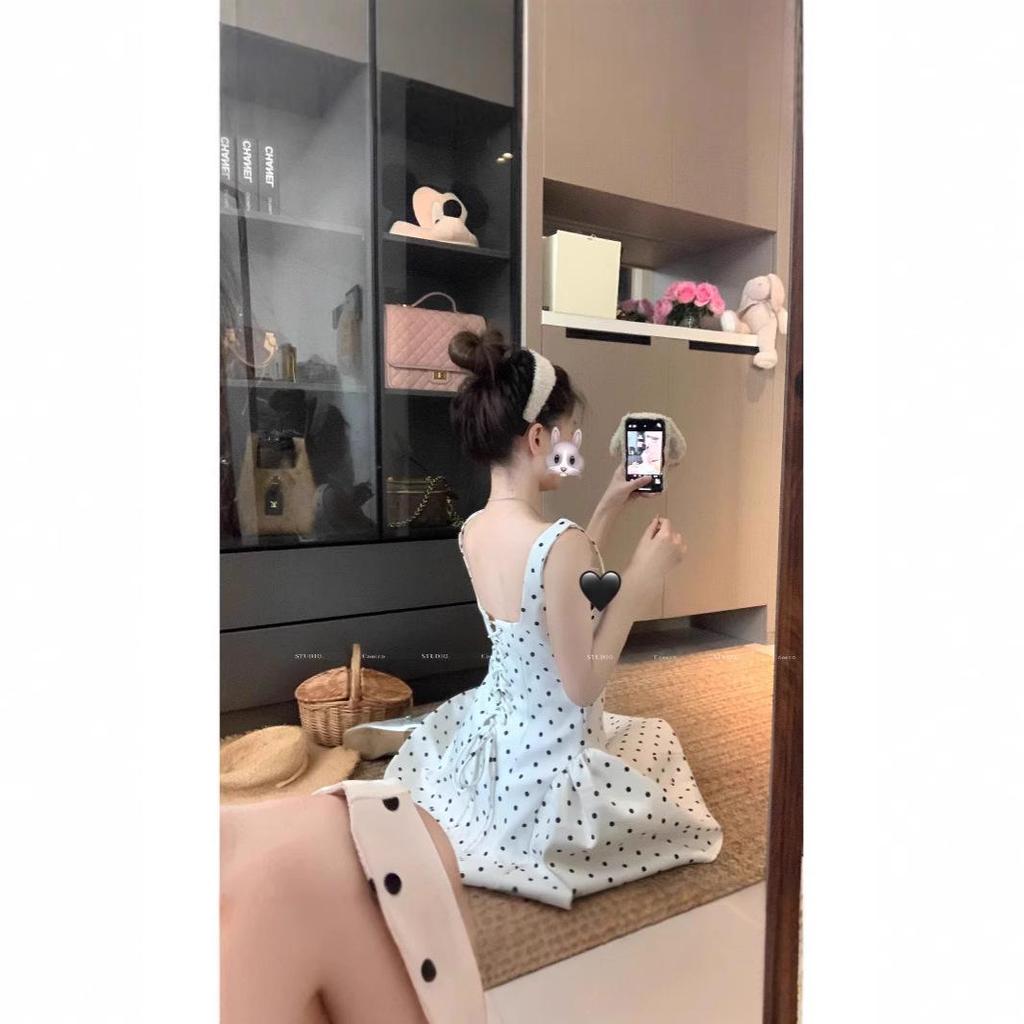 White Polka Dot Strappy Dress: Backless, Waist-Slimming, Puffy Skirt for Women