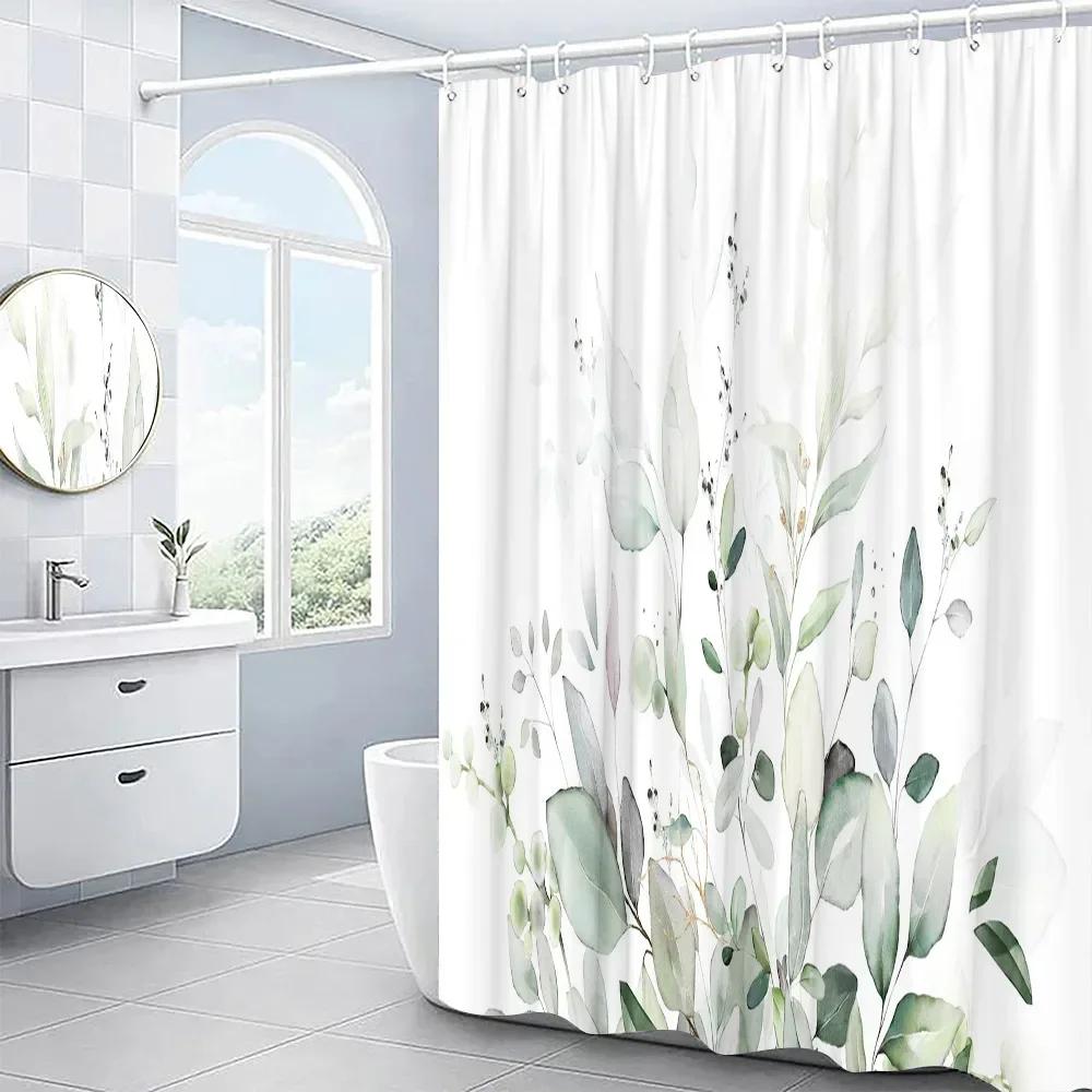 Leaves Shower Curtain Set Garden Plant Green Leaf Fresh Rustic Style Bathroom Decor Bath Curtain Polyester Fabric Washable Cloth