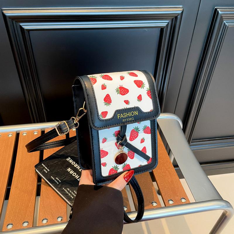 Light Blue Cherry Print Mini Crossbody Bag Cute PU Leather Phone Bag With Cherry Charm Daily Shopping Fashion Purse