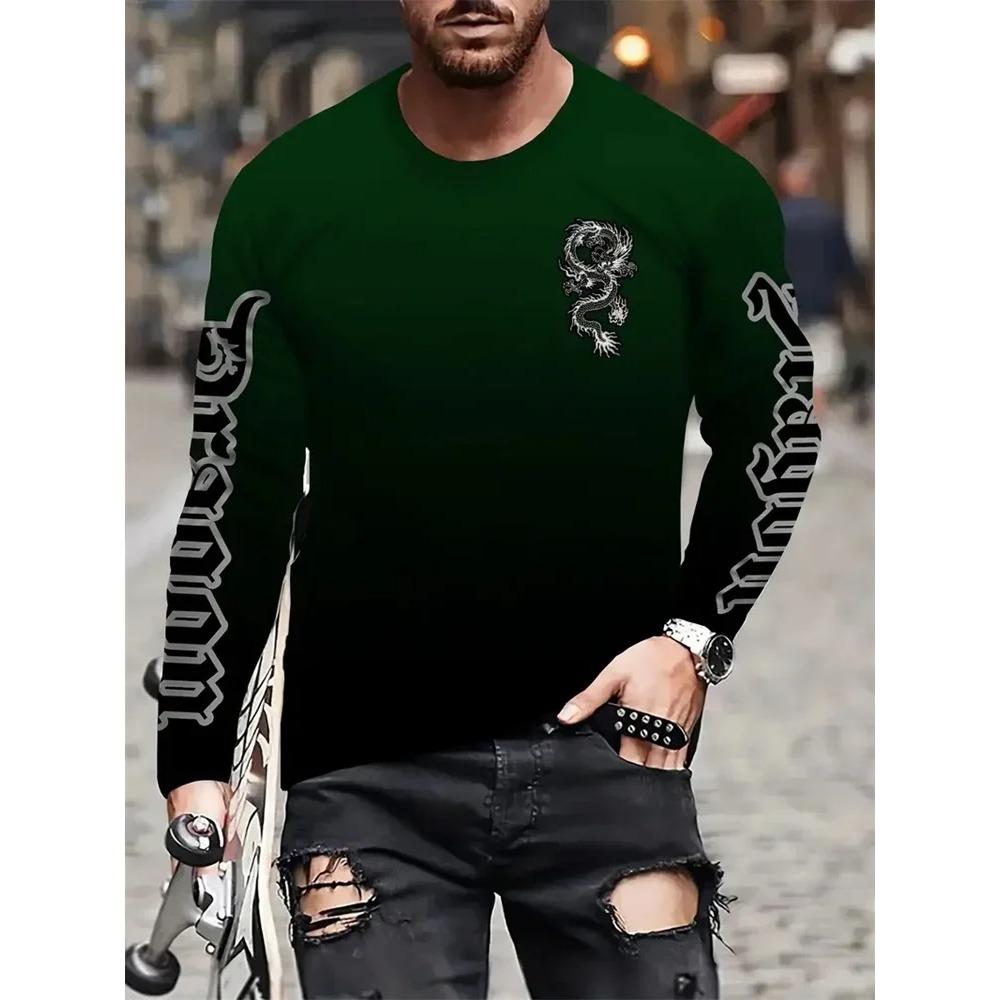Simple Longteng Print Autumn Fashion Crewneck Men's Long Sleeve T-shirts Outdoor Street Fashion Top Everyday Casual Comfort