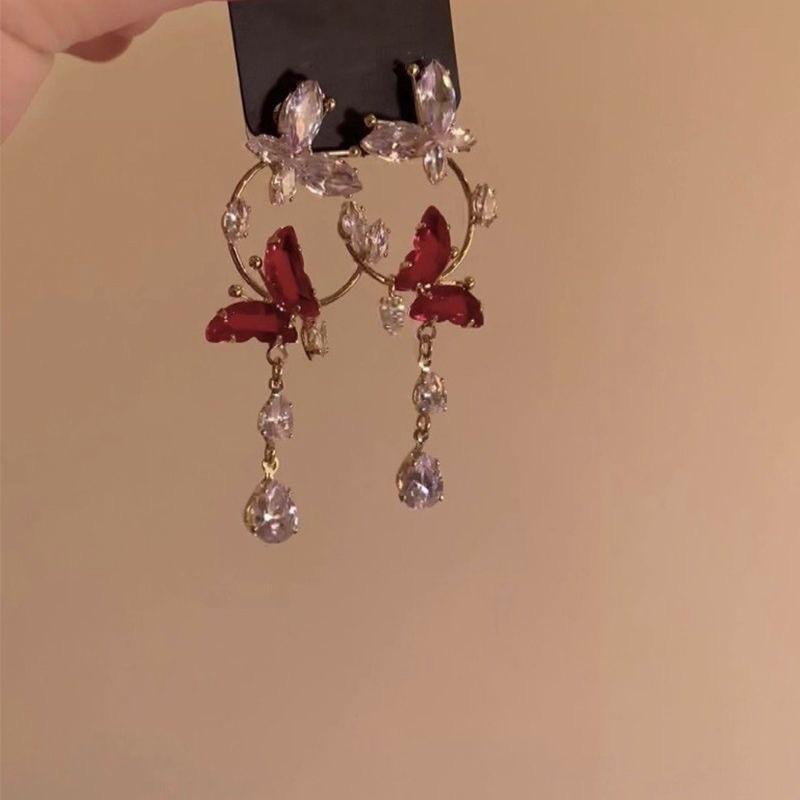 Animal Zodiac Alloy Long Dangle Earrings With Glittering Butterfly Design For Women