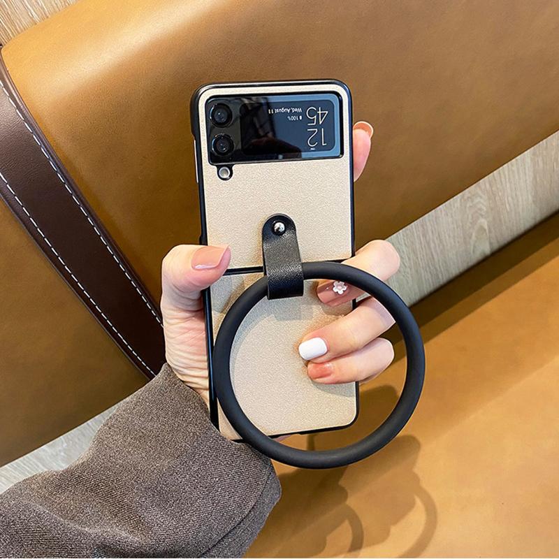 Luxury Pu Leather Phone Case For Samsung Galaxy Z Flip 4 3 Back Cover With Portable Bangle