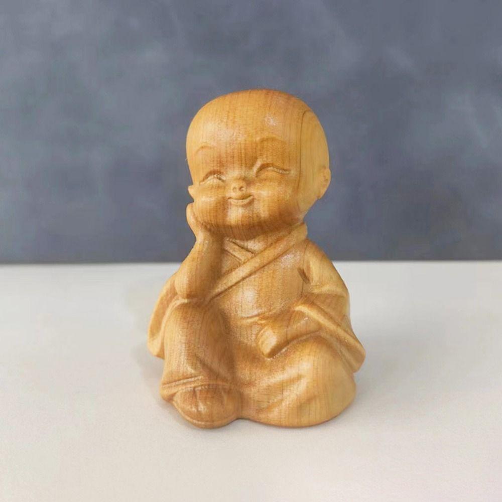 Decorative Monks Statue Hand-held Wood Carved Ornaments Antique Little Monks Sculptures  Desktop