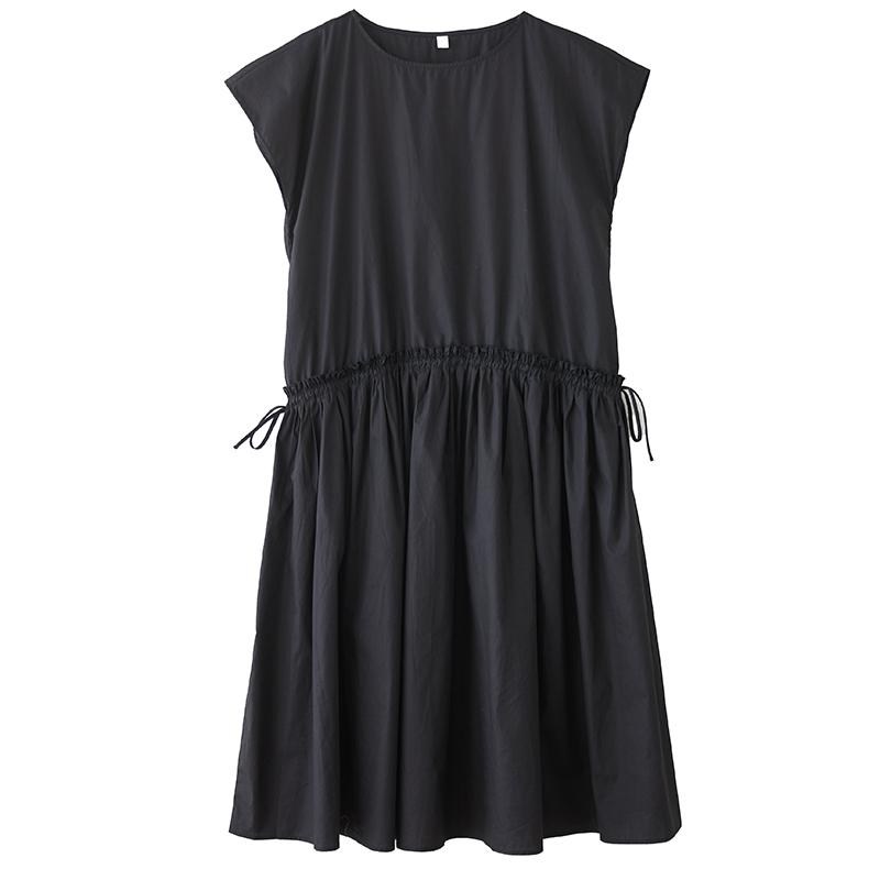 Dimanaf Plus Size Loose Dress Women 2025 Pleated New Summer Style Shirt O-Neck Black Dress