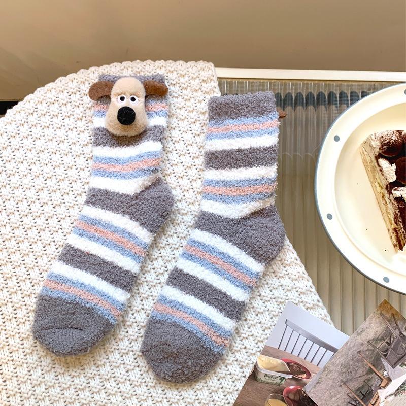 Cute Puppy Coral Fleece Striped Socks for Women's Autumn and Winter Warmth, Three-dimensional Cartoon Thickened Mid-calf Socks