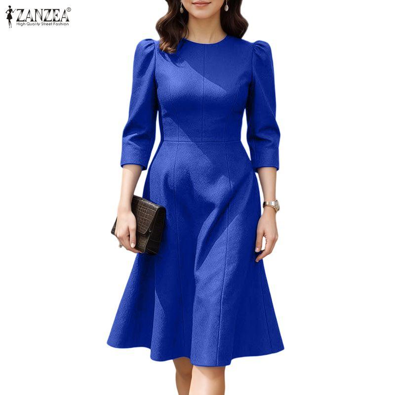 ZANZEA Women Casual Round Neck Summer 3/4 Sleeve Elegant Dress