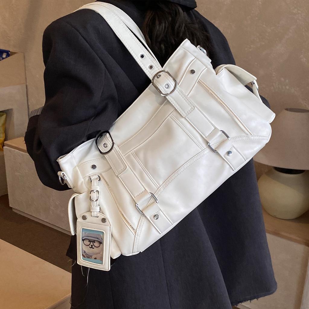 Commute Women Tote Bag Soft PU Leather Metal Shoulder Bag Large Capacity Multi Pocket Versatile Handbag for Daily Shopping