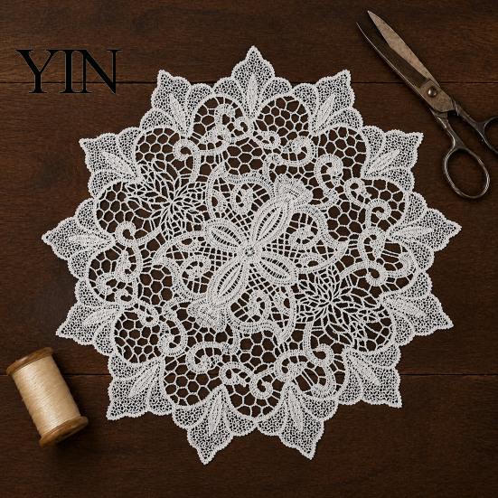 Bridal Shower Table Accents Round White Lace Doily, Retro Placemat, Embroidered Mat, Durable Polyester Doilies Elegant for Wedding Dining Decor