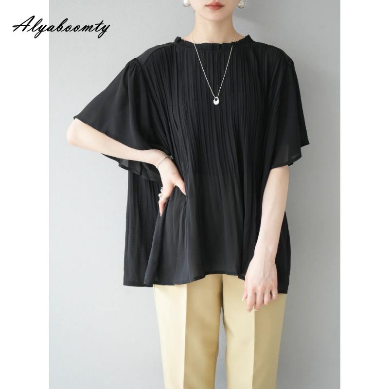 Korean Style Spring Summer Women Casual Loose Blouse Ruffled Collar White Black Pleated Blouse Batwing Sleeve Elegant Office Lady Blouse