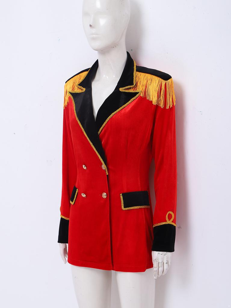 Women Circus Master Outerwear Velvety Lapel V Neck Double-breasted Coat with Gold Lace Tassel Epaulet for Halloween Rave Party