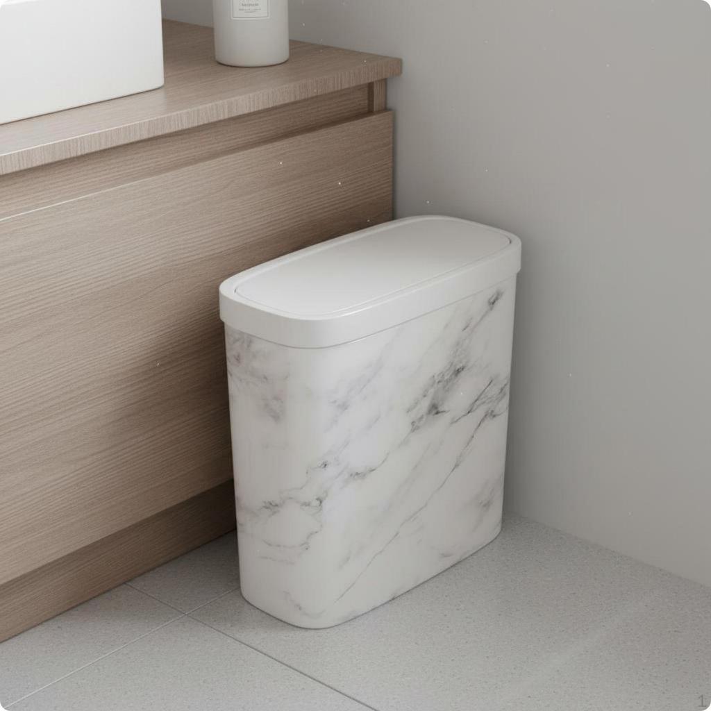 Press Top Trash Can Marble Look Lidded SpaceSaving Wastebasket for Narrow Gaps, Washroom,