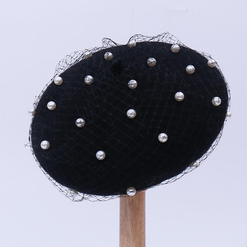 Wool beret women, mesh pearl pumpkin hat spring and autumn fashion British retro painter hat versatile