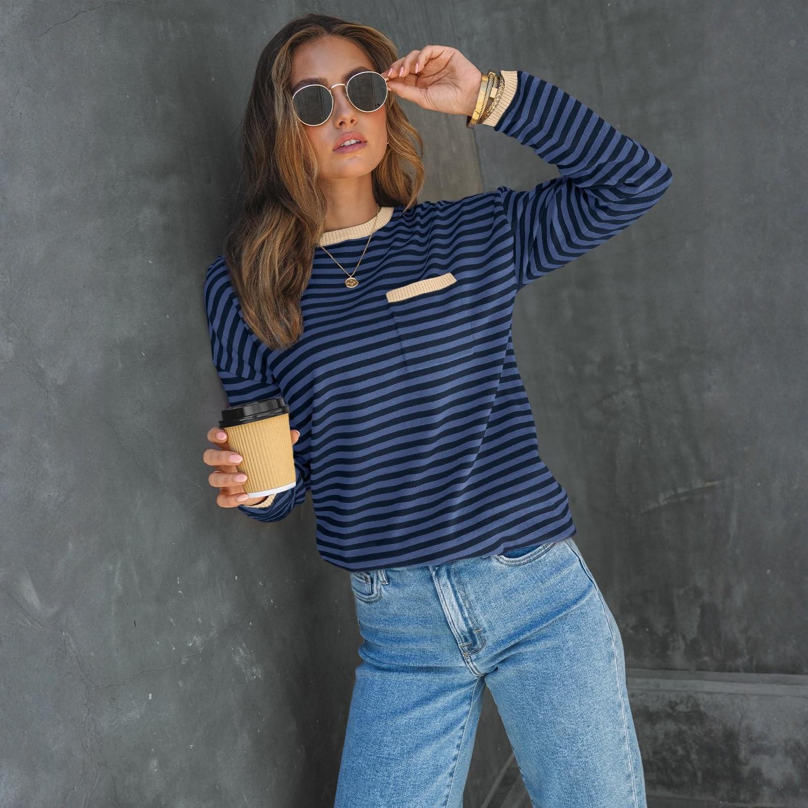 

Женский полосатый модный топ с длинным рукавом M синий