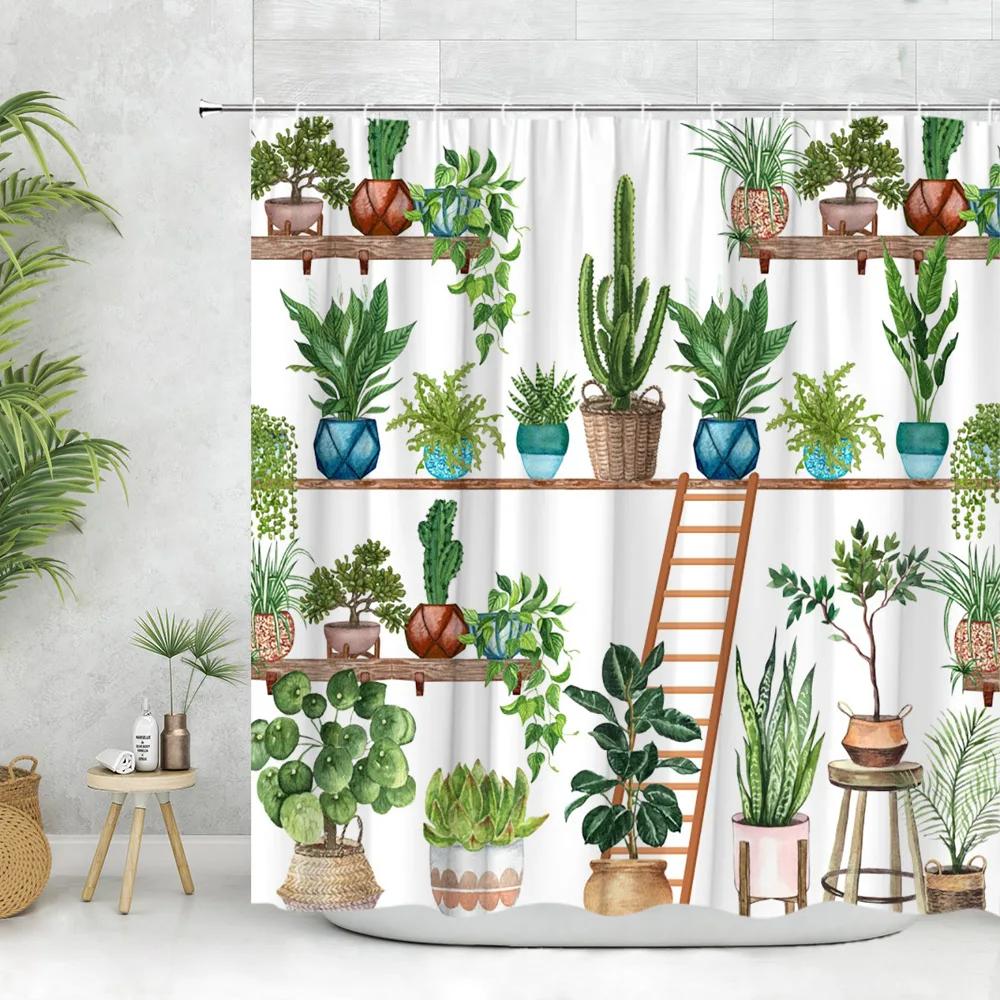 Cactus Shower Curtain, Tropical Plant Flower Desert Greenery Greenery Watercolor Succulent Farm Polyester Fabric Bathroom Deco