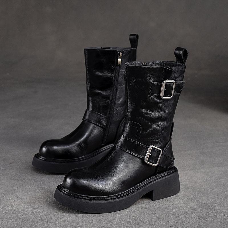 GKTINOO Handmade Mid-calf Boots Platform Women Genuine Leather Short Boots Round Toe Height Increasing Thick Sole Ladies Shoes