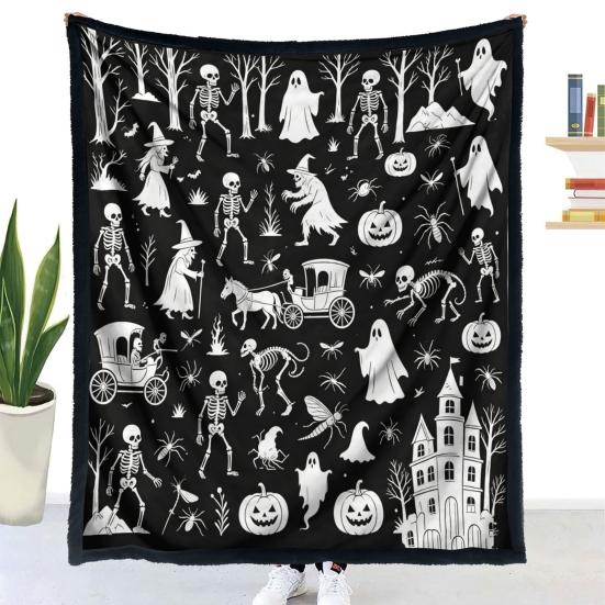 Coloring Blanket for Adults Halloween DIY Blanket, Throw with Ghost Patterns, Color Your Artistic Bedroom Decor Accessories Own Washable Cozy