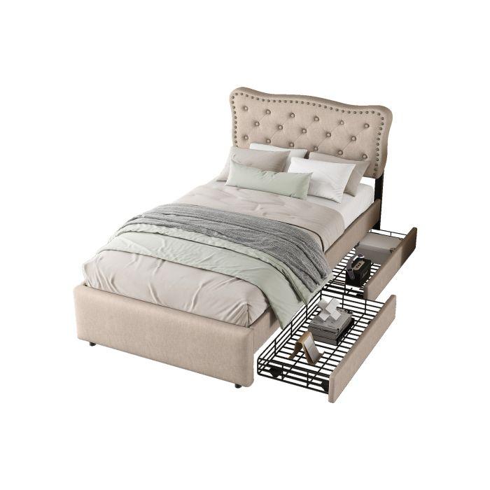 Lit 90x200 Cm - MUVOE - Rembourré - Beige Foncé - Tiroirs De Rangement - Design Élégant