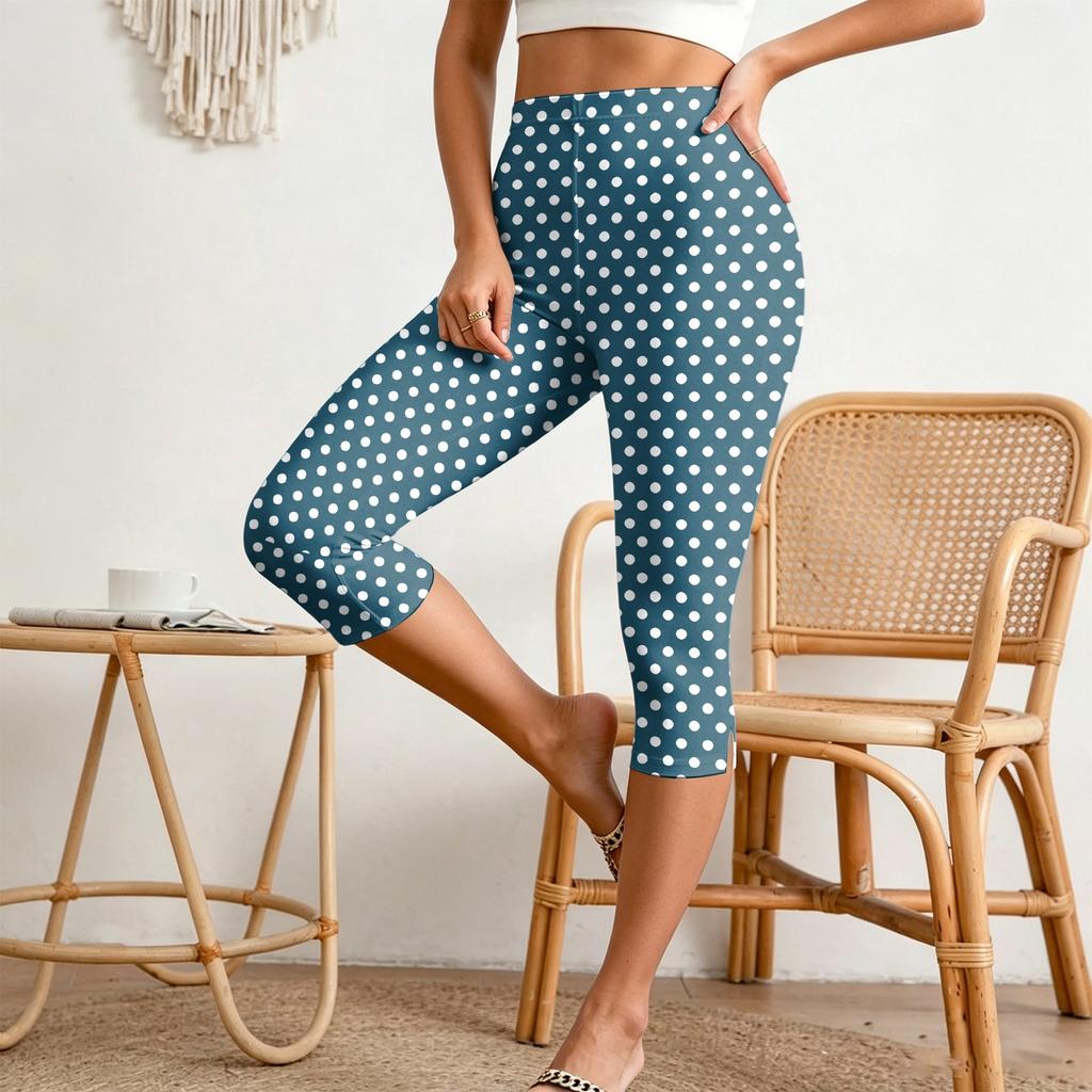 Women’s Elastic Waist Slim Fit Split Hem Capri Pants Casual Polka Dot Print Relaxed Style Lightweight Fabric