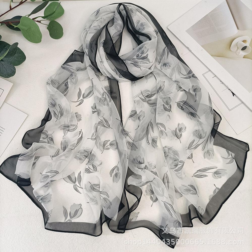 Summer Magnolia Printing Chiffon Silky Georgette Scarf Women Printing Long Soft Wrap Shawl Beach Kerchief Scarves Female Foulard