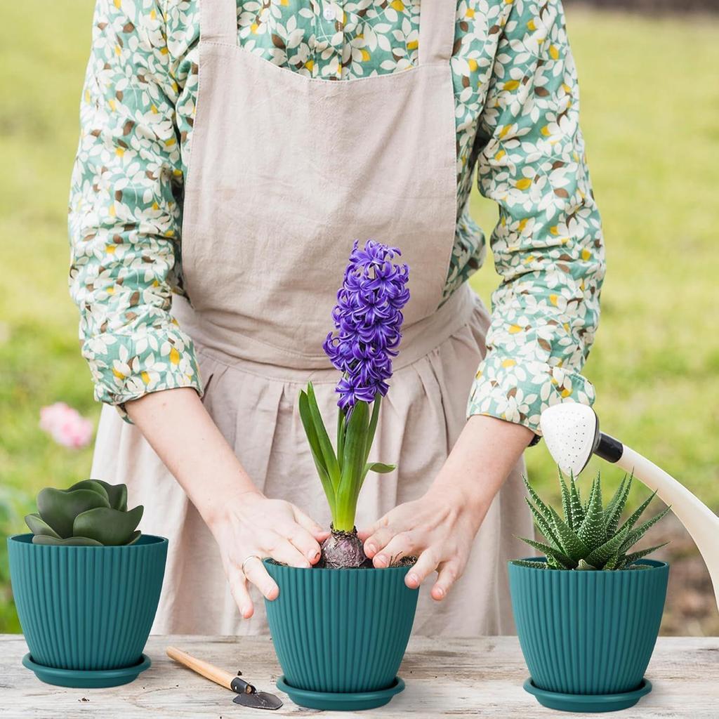 Plastic Round Flower Pots with Tray for Home Planters, Terrace, Garden Etc | Pack of 05 | Peacock | Size 6.5 Inch | for Home Indoor & Outdoor