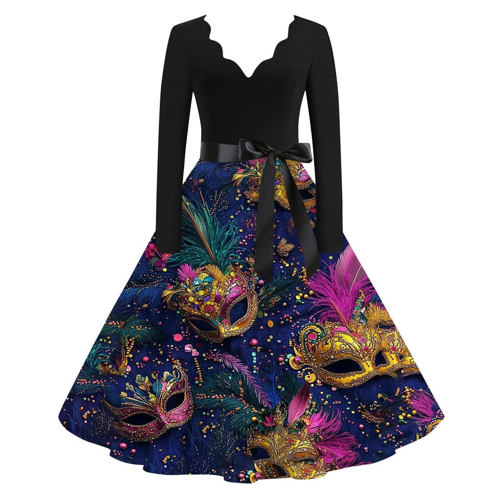 Damen Casual Fashion V-Ausschnitt Langarm Karneval Print Vintage Kleid