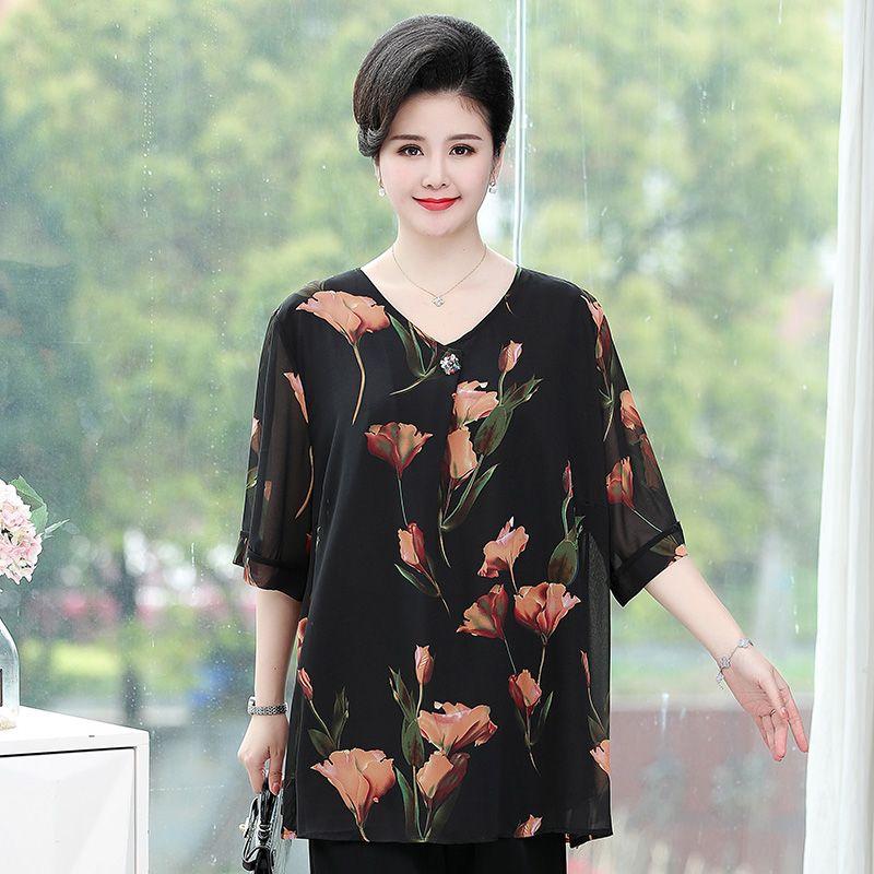 Summer Women's Plus Size Blouse Half Sleeve V Neck T-Shirt Loose Printed Blouse