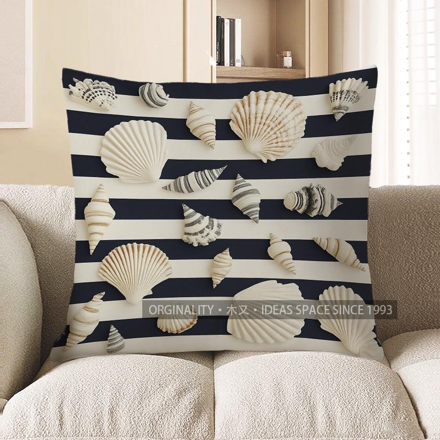 Home Decor Seashells On Blue & White Striped Pillow Cover Pattern Cushion Cover Suitable For Sofa Bedroom Car Pillow Cover