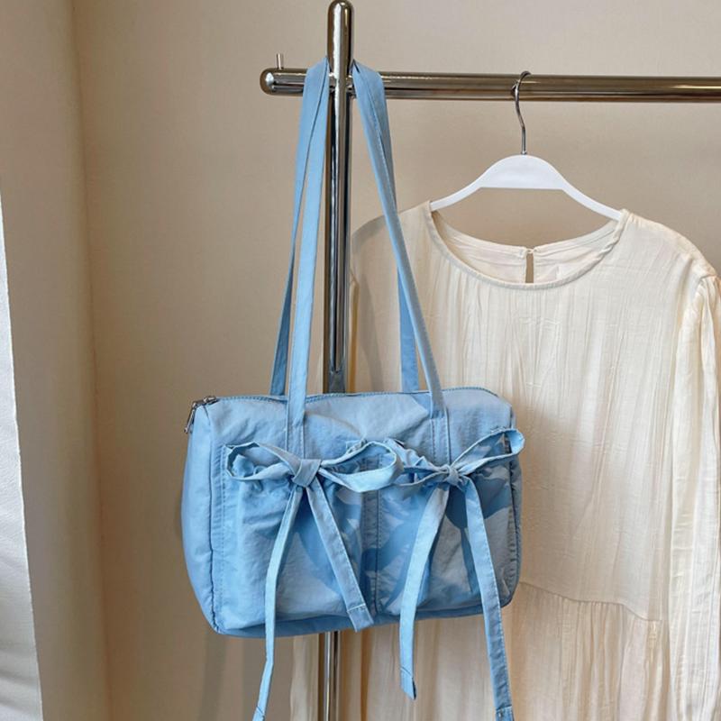 Women's Preppy Style Bow Nylon Shoulder Bag Versatile Solid Color Zipper Sweet Tote Bag for Commuting & Casual Outings CLE