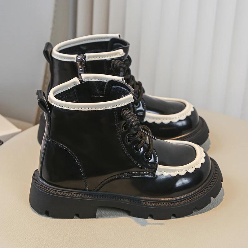Girls' Britain Style Leather Boots Kids Black Round-toe Thick Sole Retro 2024 Spring and Autumn New Children's Short Boots Chic
