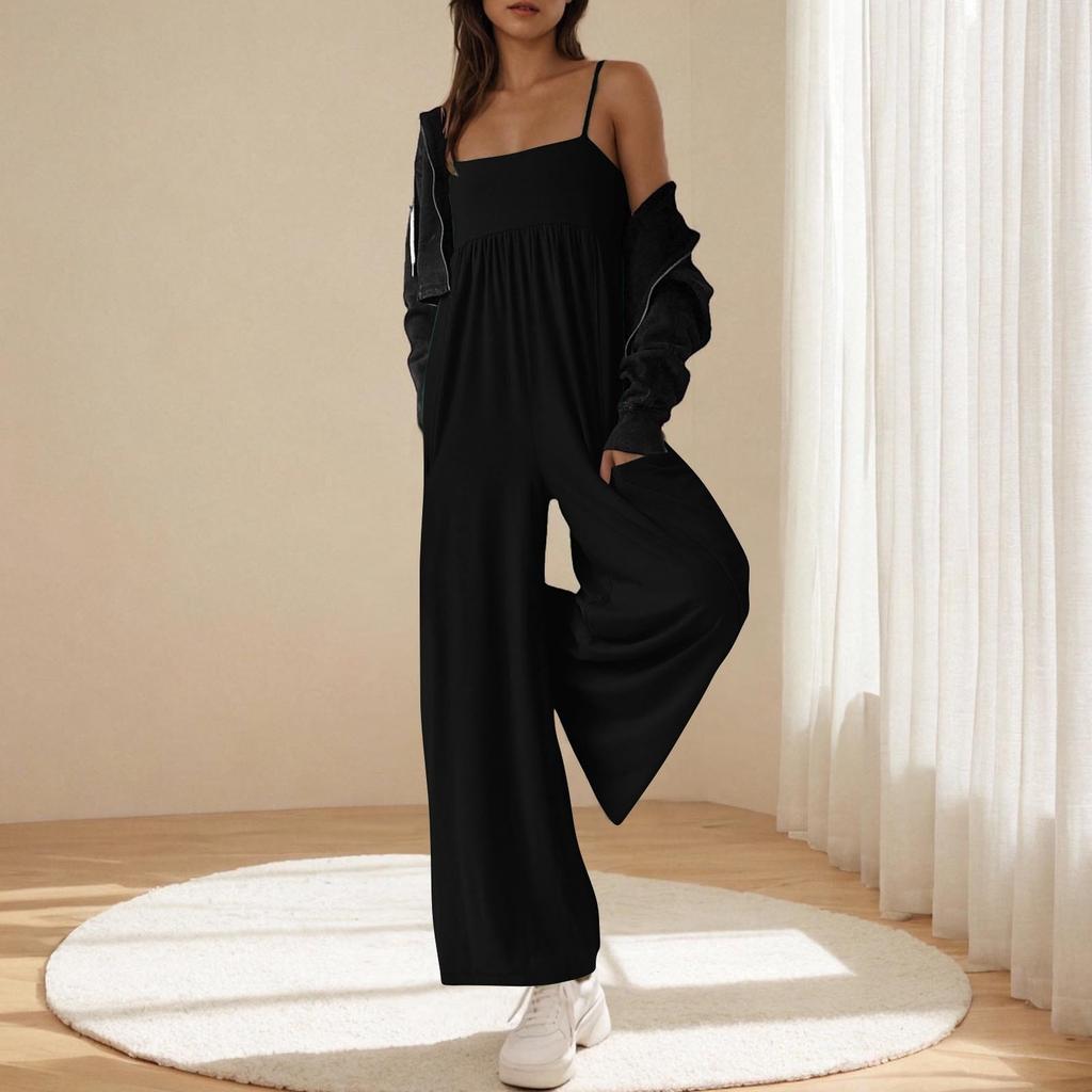 Women's Loose Casual Camisole Sleeveless Square Neck Slim Fit Wide Leg Jumpsuit Jumpsuit